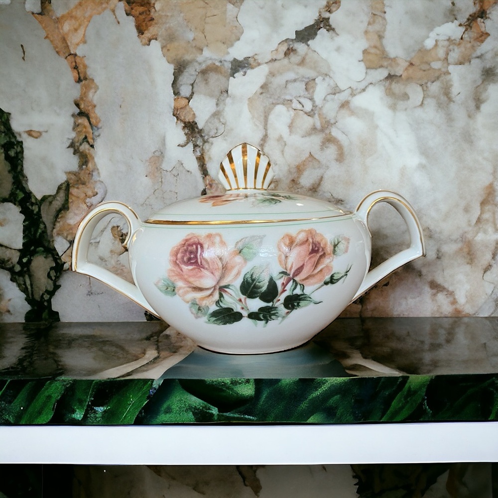 Vintage Narumi Kent China Trio Pattern Covered Sugar Bowl with Lid Gold Trim
